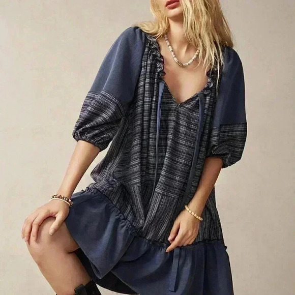 Multicolor Cute Women's Vacation Contrast Striped Ruffle Hem Tie Neck Dress - Picture 5 of 8